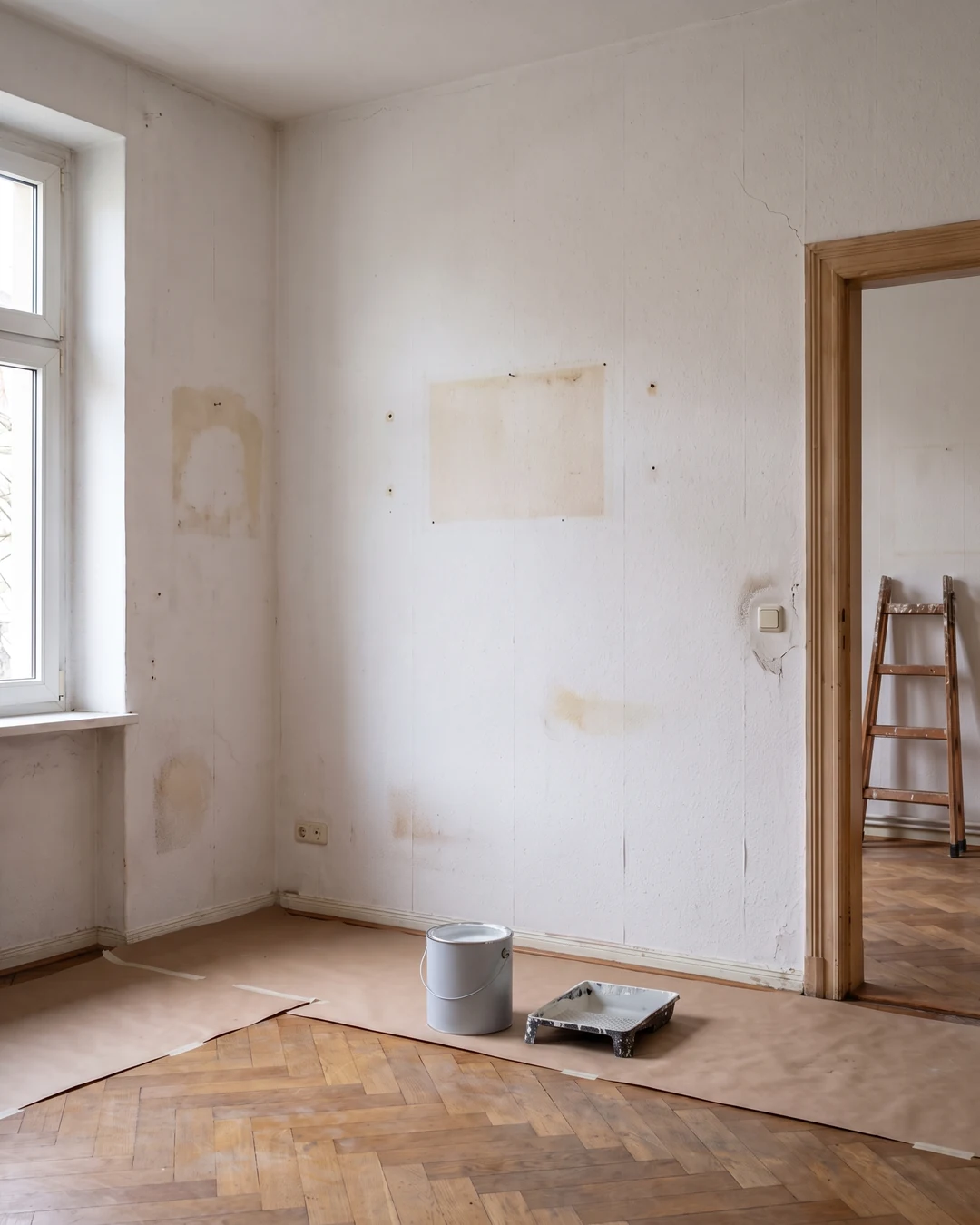 Wohnzimmer vor dem Streichen: vergilbte Raufaser, Nagellöcher, Abdeckpapier auf dem Boden